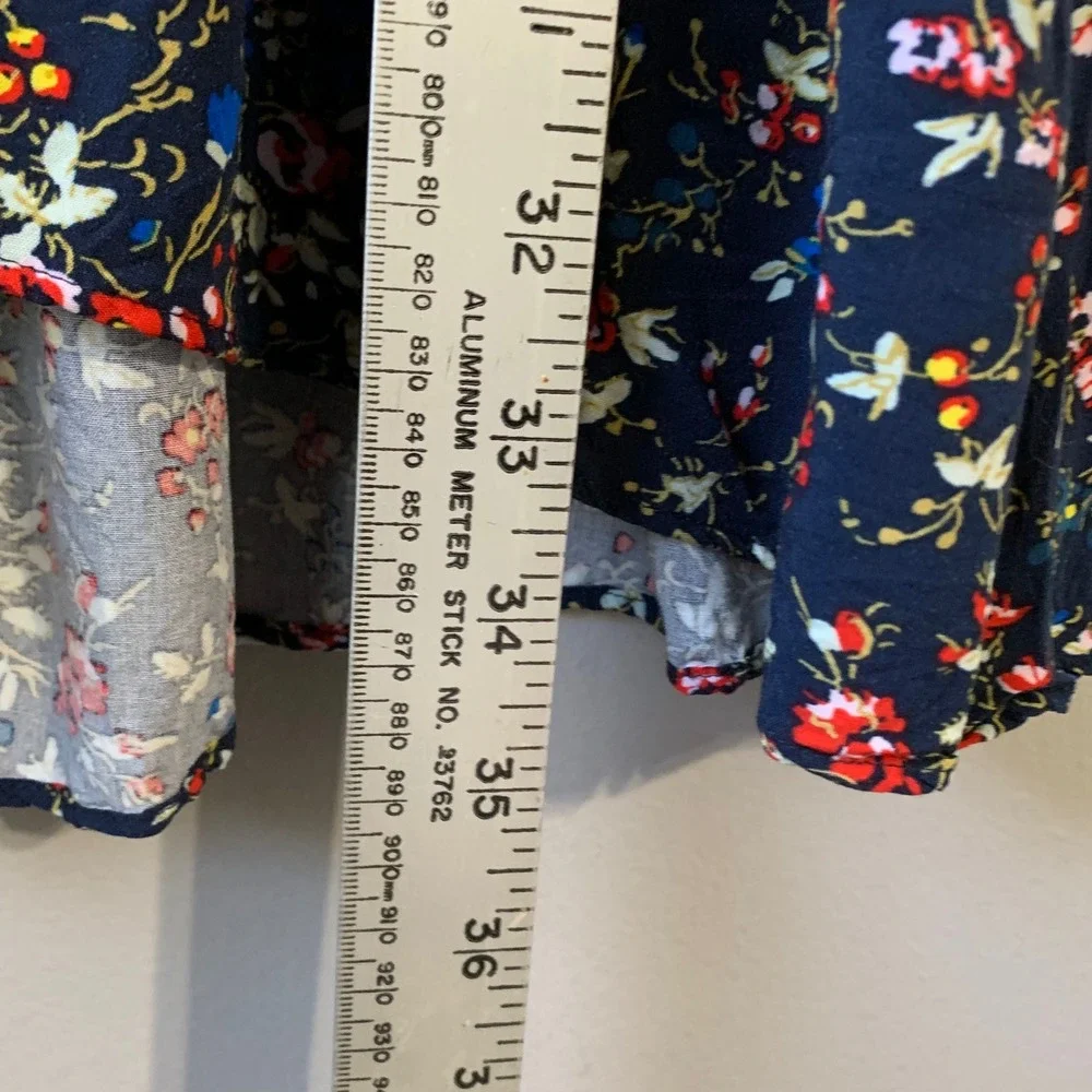 J. Crew navy multi floral print faux wrap‎ cap sleeve ruffle trim dress. Size 8
